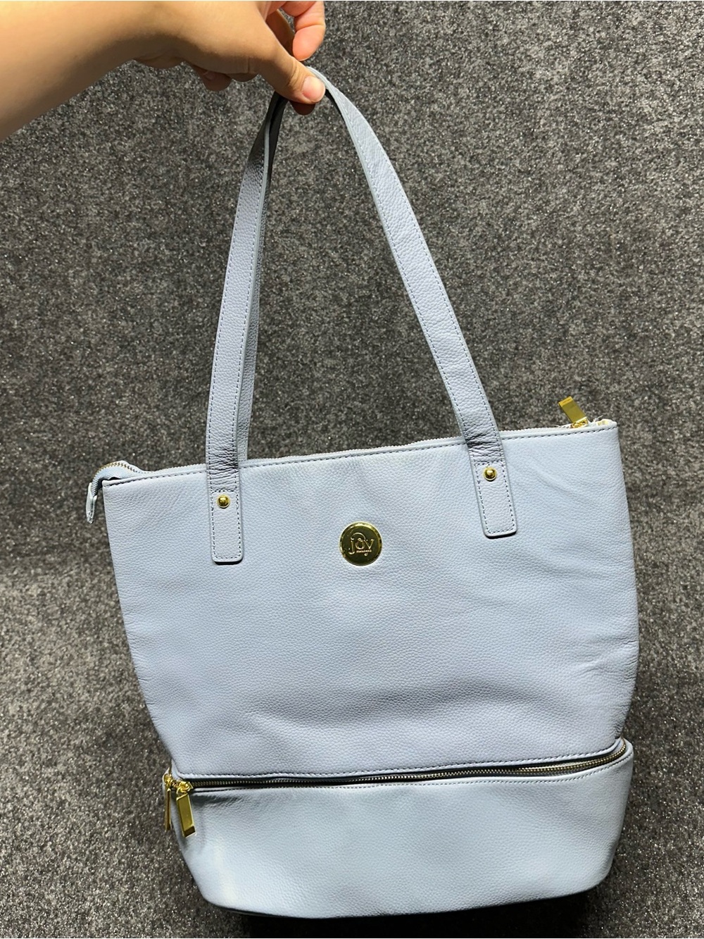 Womens Tote Bag JOY Mangano Large Blue Leather Double Decker Smart Chic Purse
